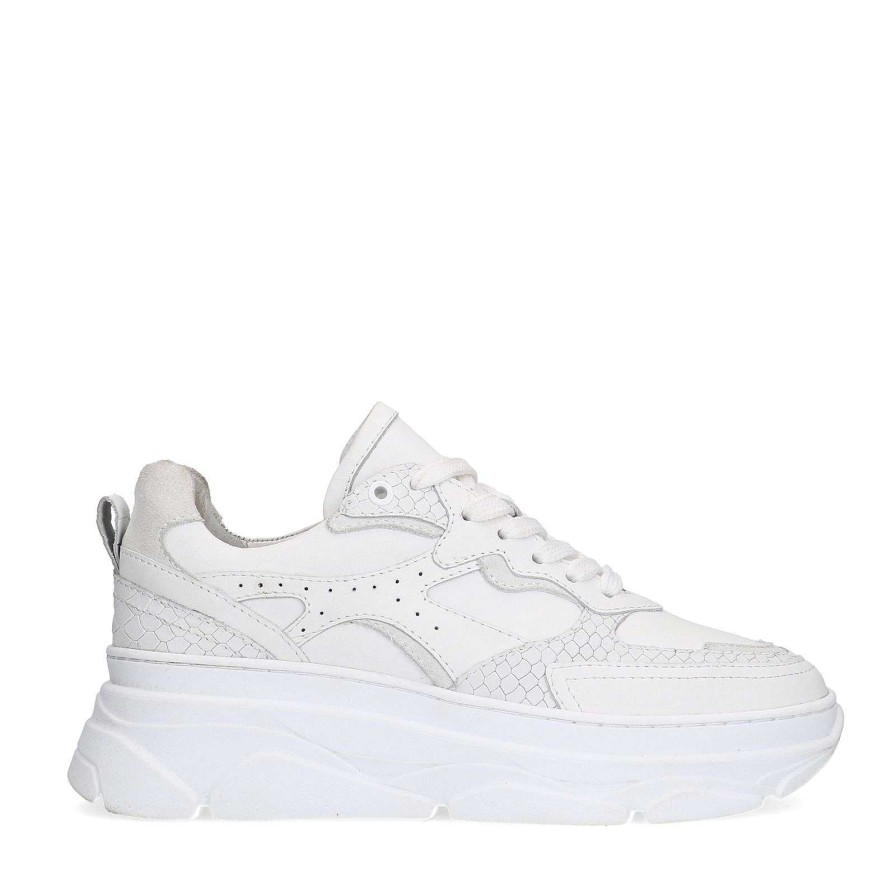 Sacha Chunky Leather Sneakers With Croco Details - White