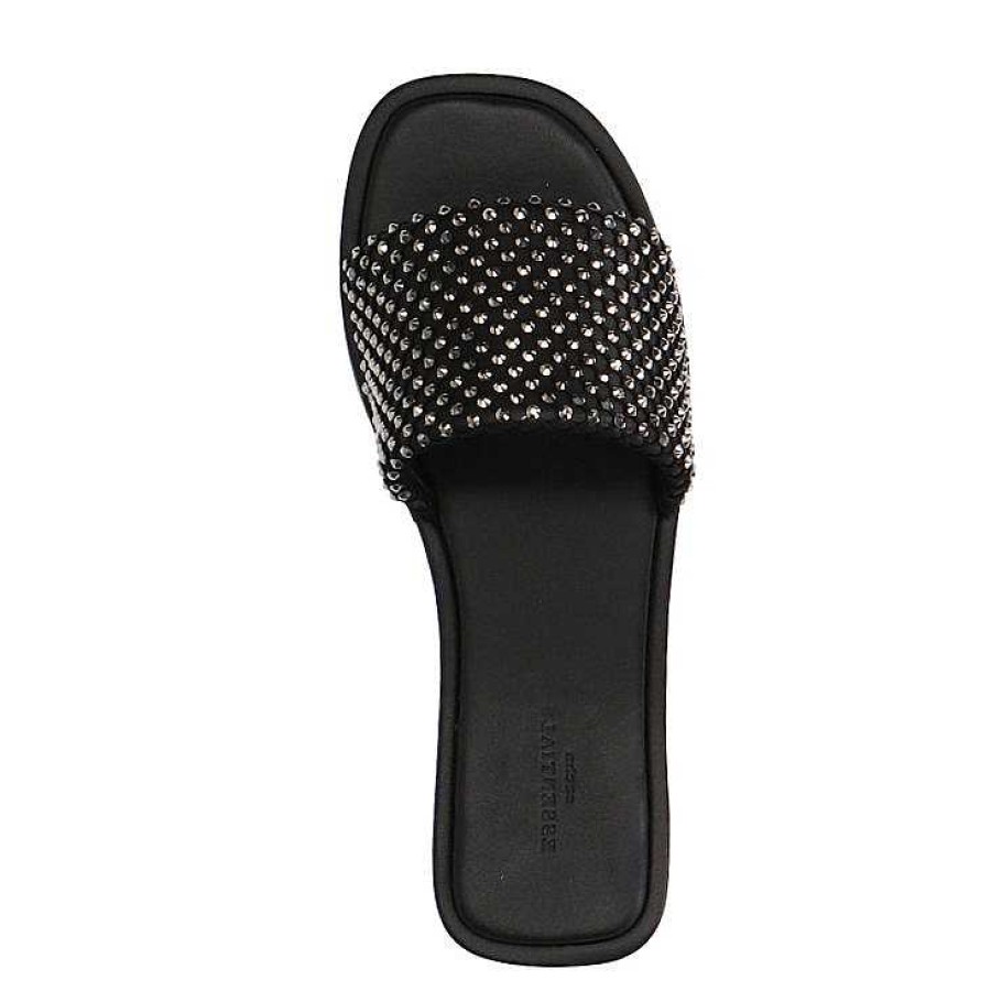 Sacha Leather Slides With Rhinestone Band - Black