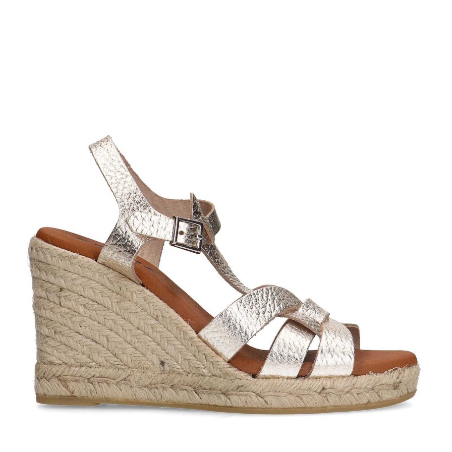 Sacha Leather Sandals With Wedge Heel - Gold