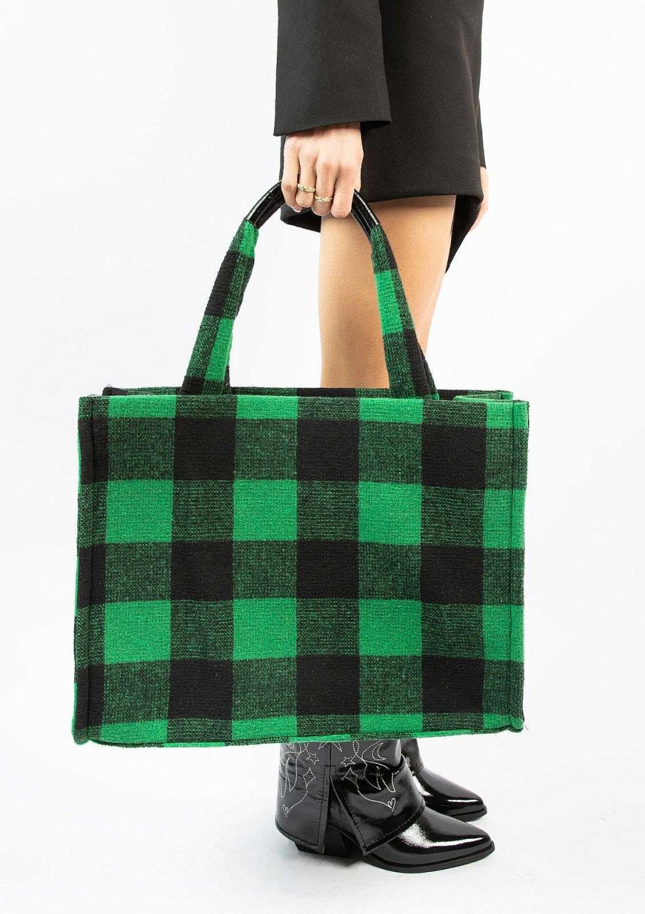 Sacha Tote Bag With Check Print And Details - Green