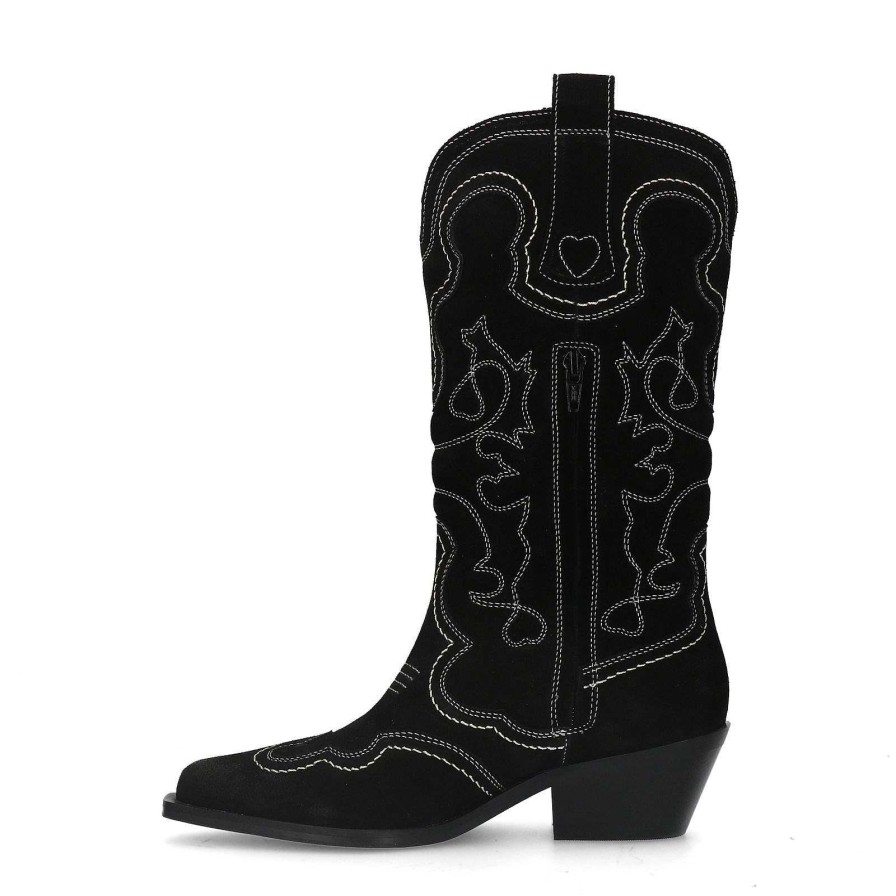 Sacha Suede Cowboy Boots With Decorative Stitching - Black