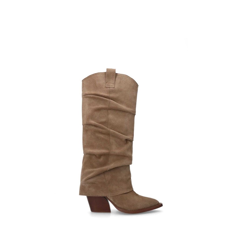 Sacha Suede Cowboy Boots With Flap - Beige