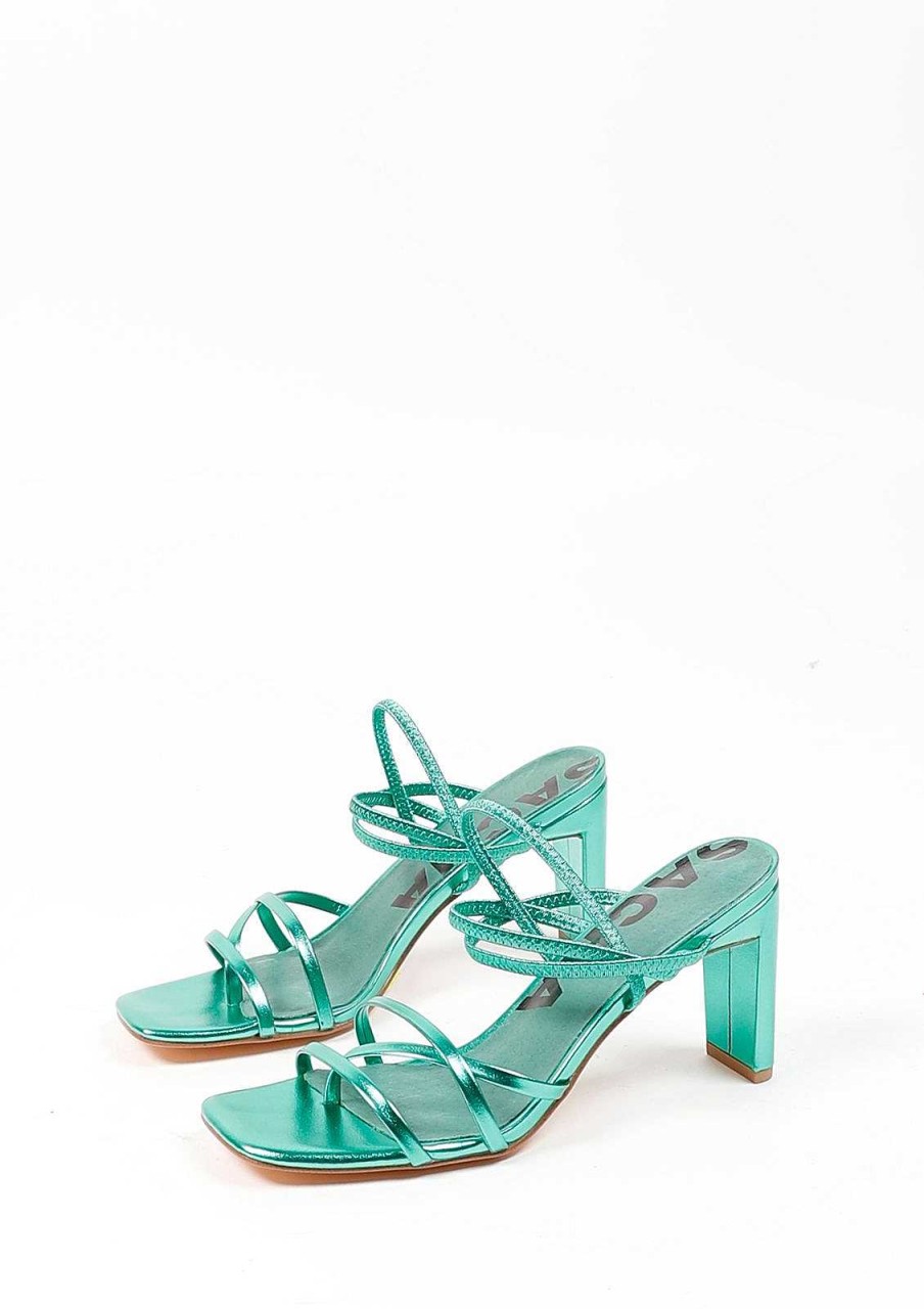 Sacha Metallic Heeled Sandals With Bands - Green