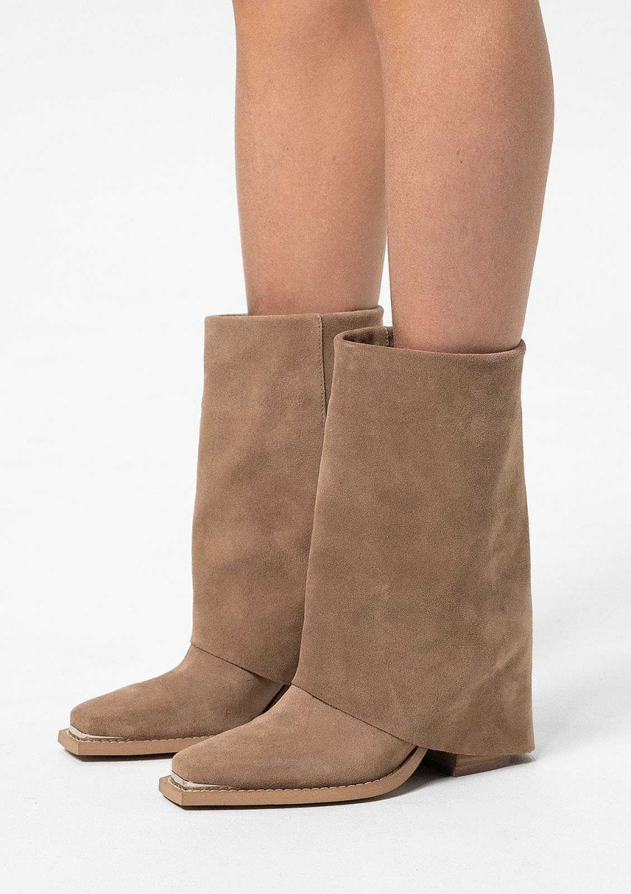 Sacha Suede Cowboy Boots With Flap - Beige