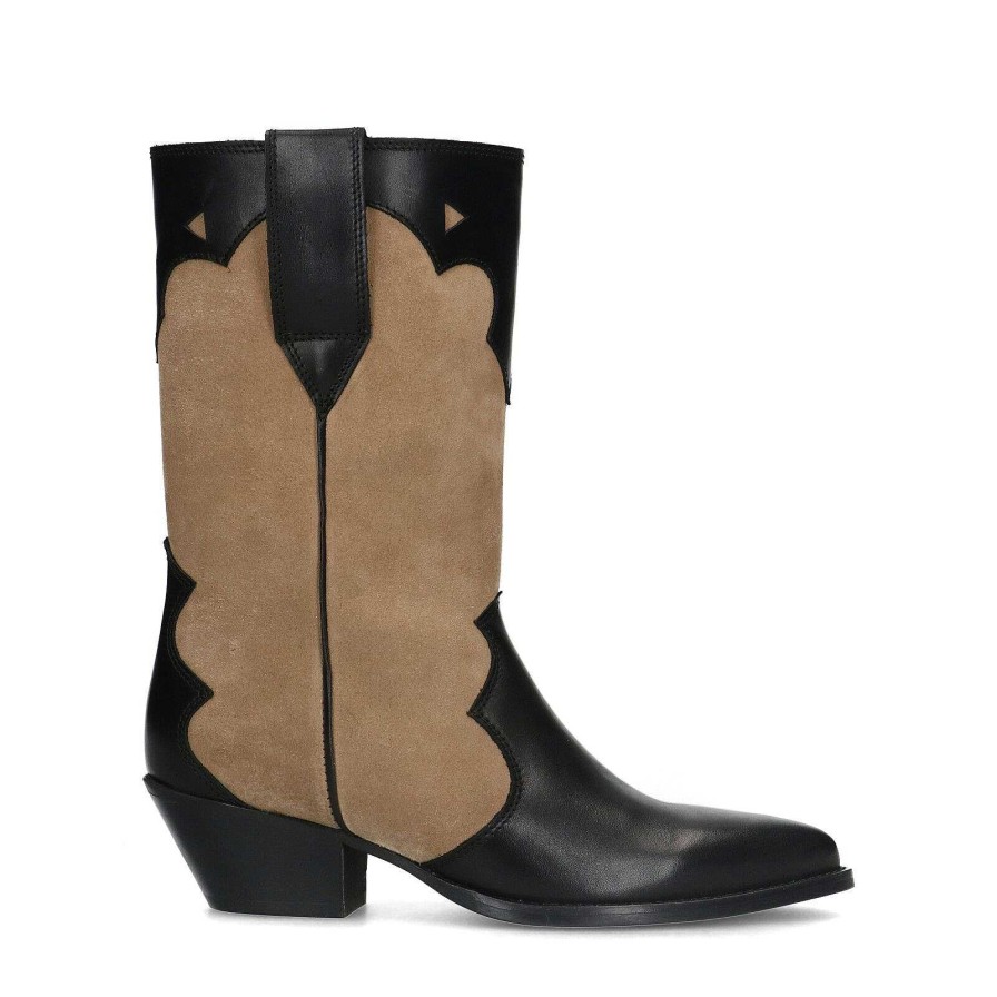 Sacha Leather Cowboy Boots With Details - Beige