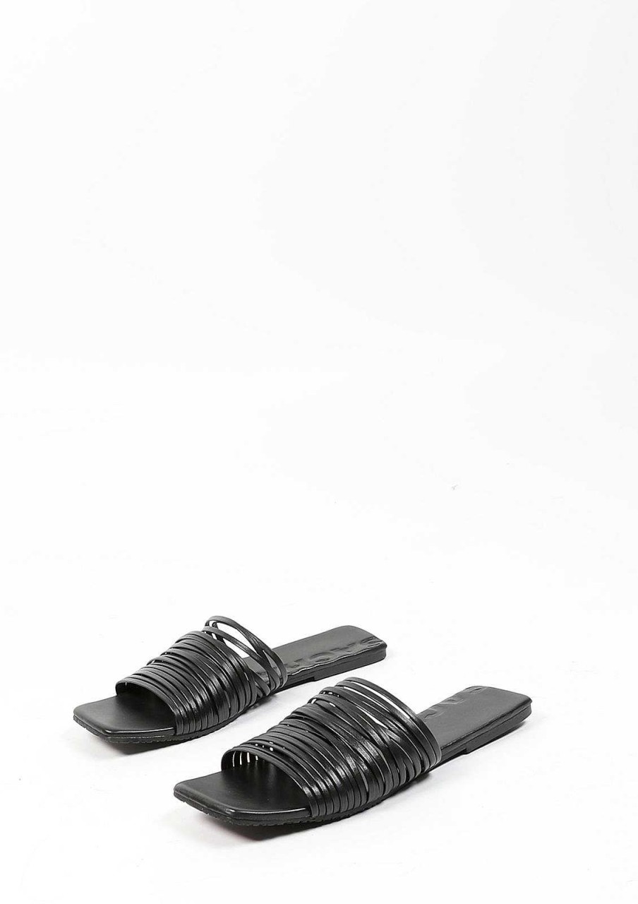 Sacha Leather Slides With Straps - Black