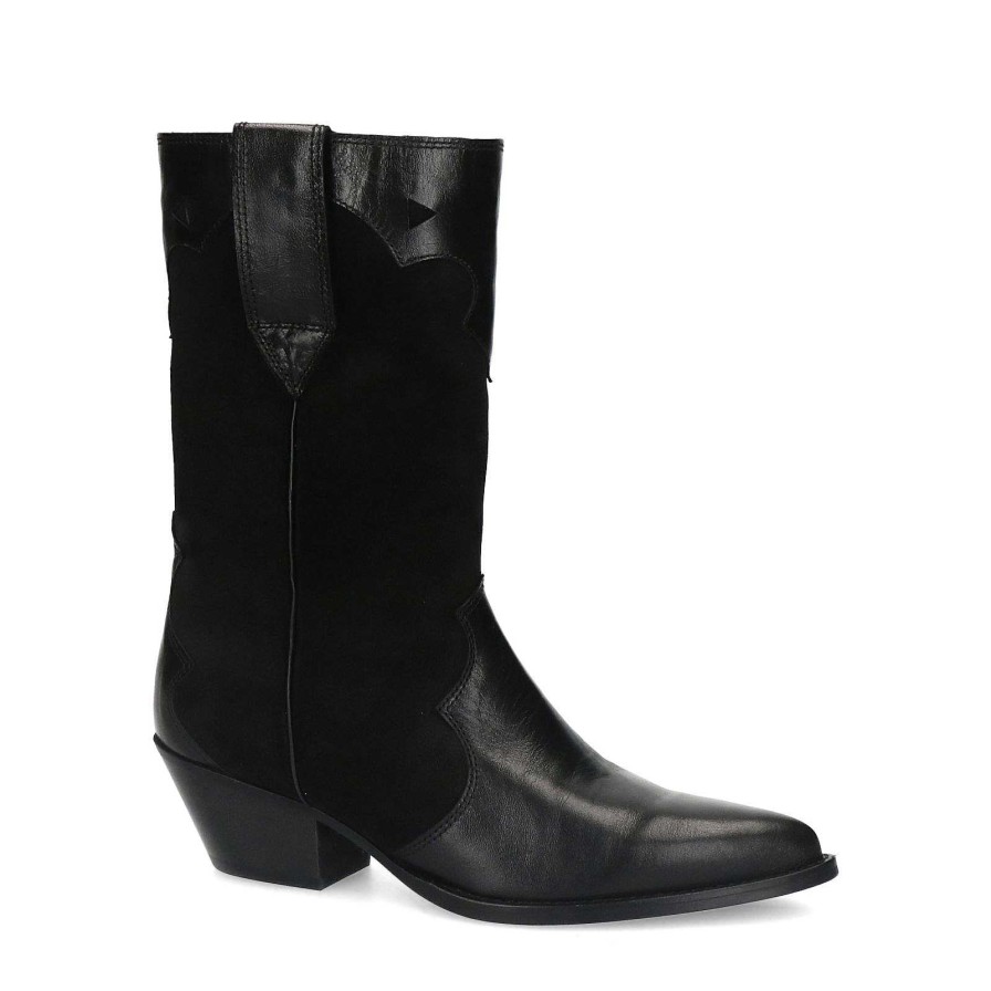 Sacha Leather Cowboy Boots With Suede - Black