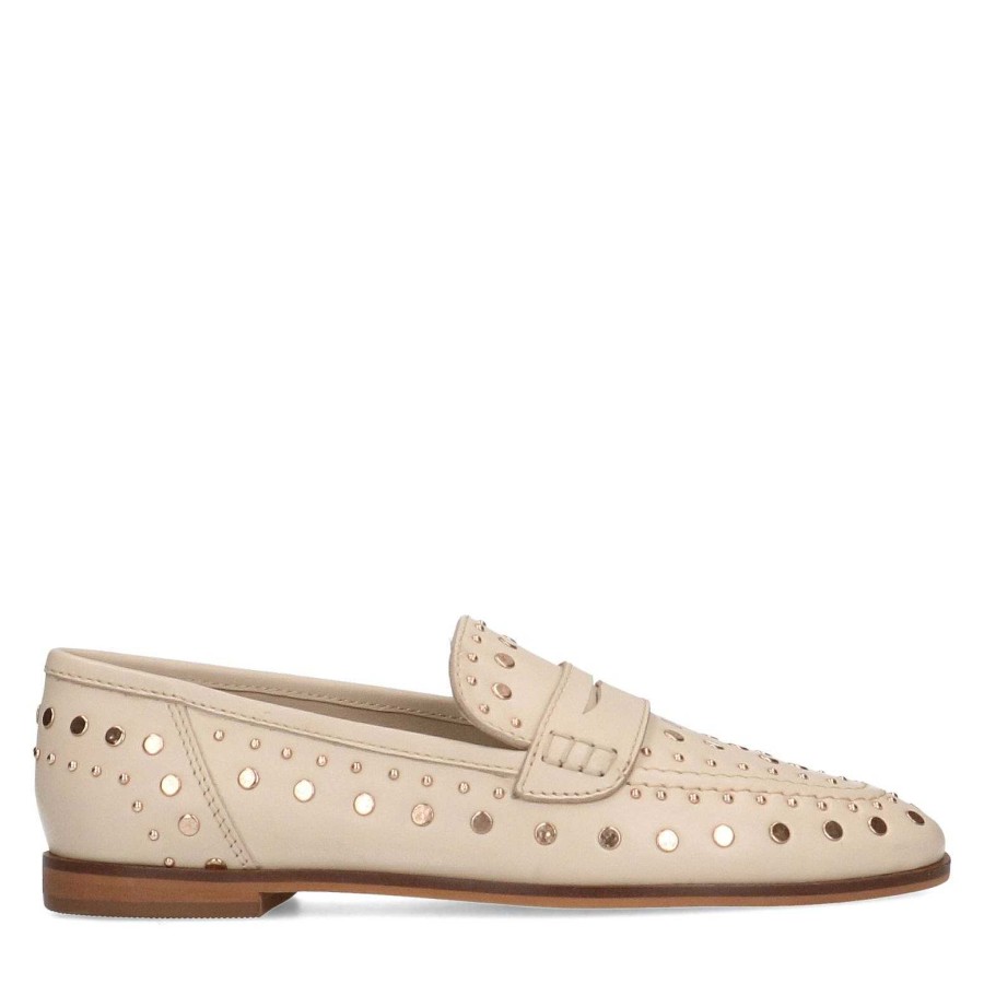 Sacha Leather Penny Loafers With Studs - Beige