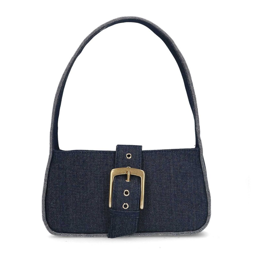 Sacha Denim Shoulder Bag With Buckle - Dark Blue