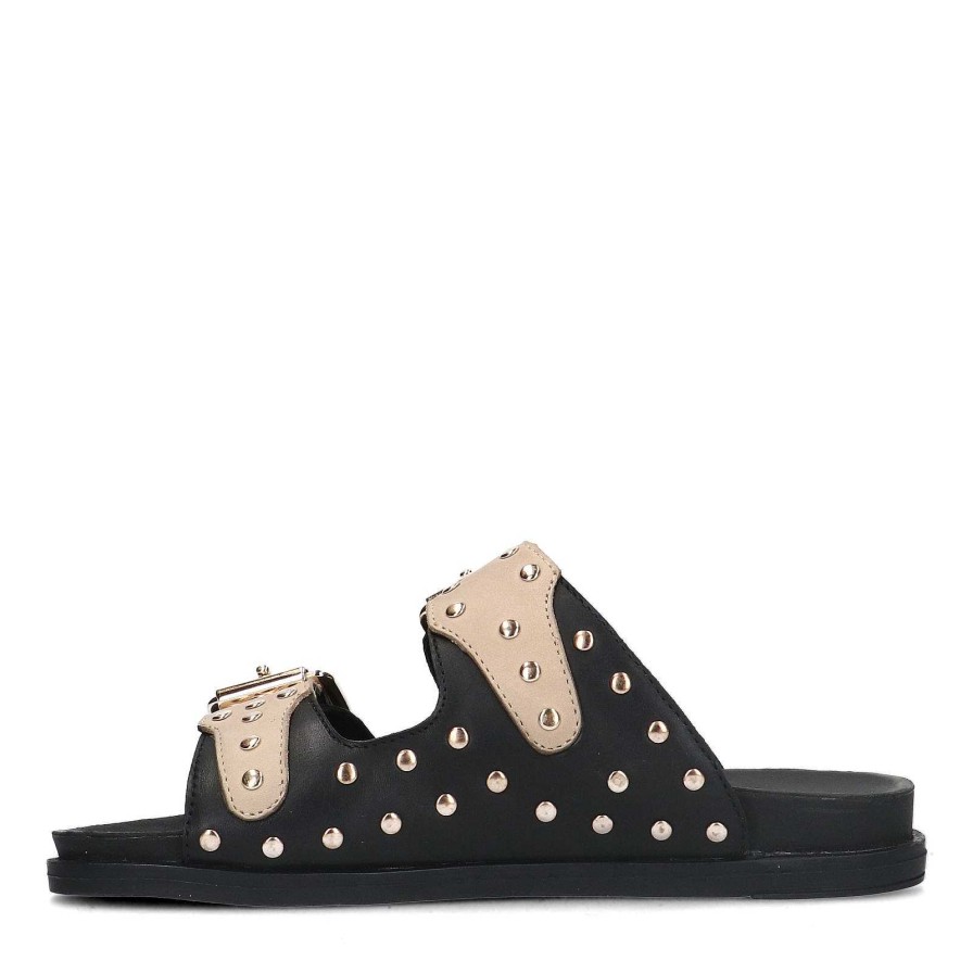 Sacha Leather Slides With Studs - Black