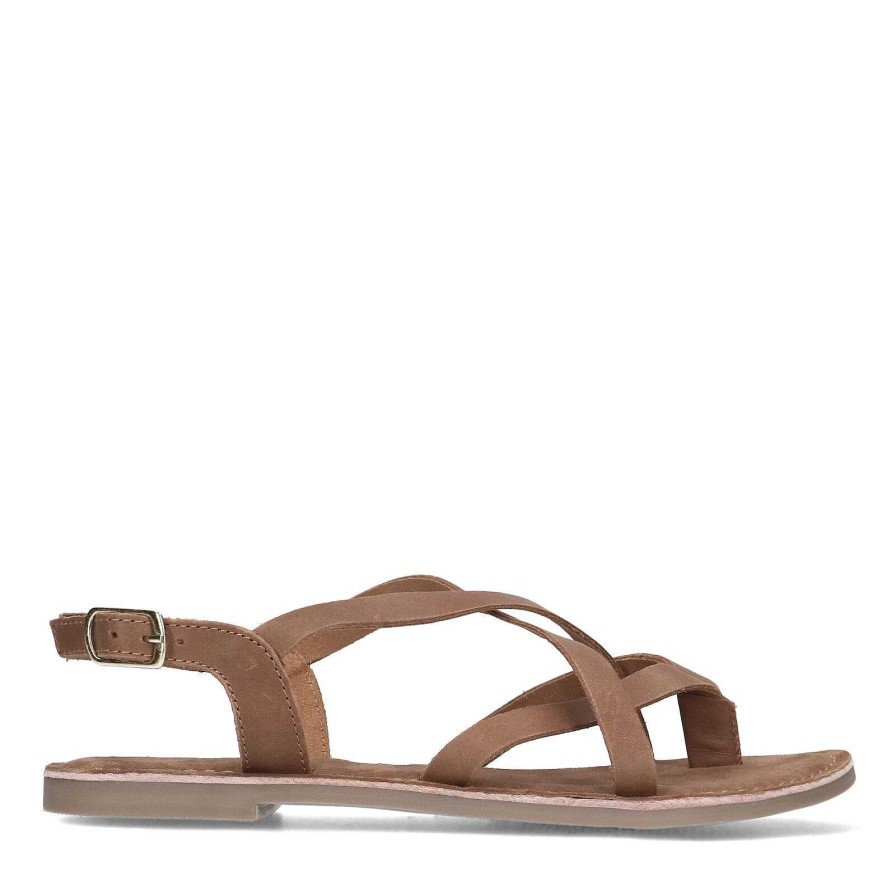 Sacha Leather Sandals With Crossed Straps - Camel