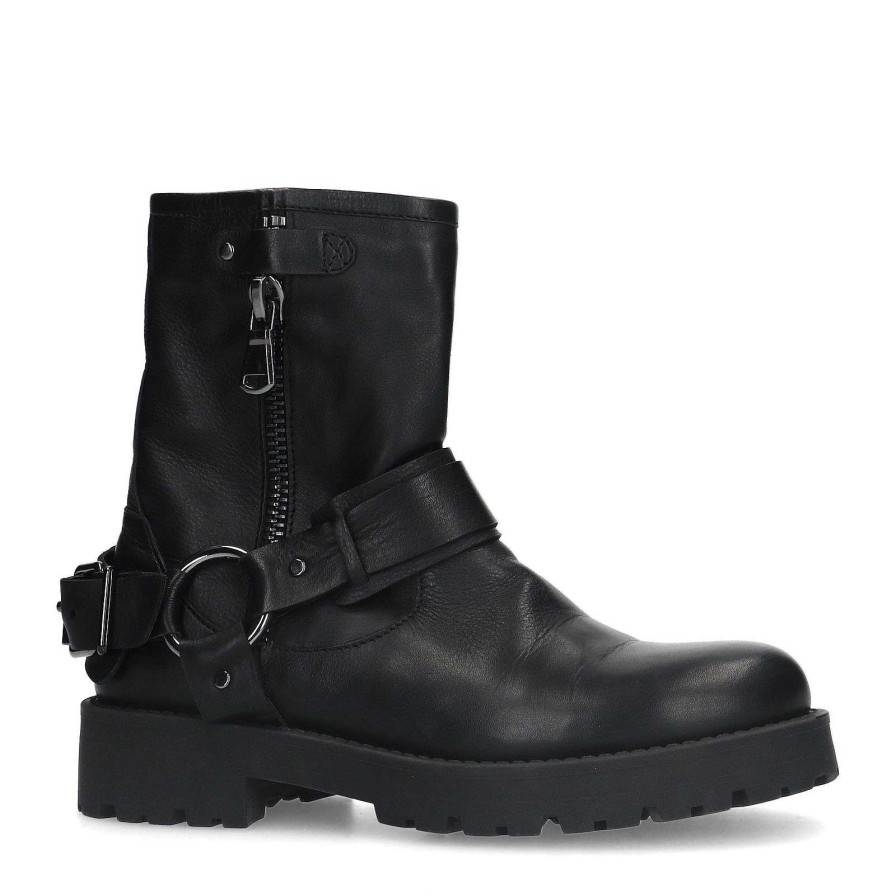 Sacha Leather Biker Boots With Buckles - Black