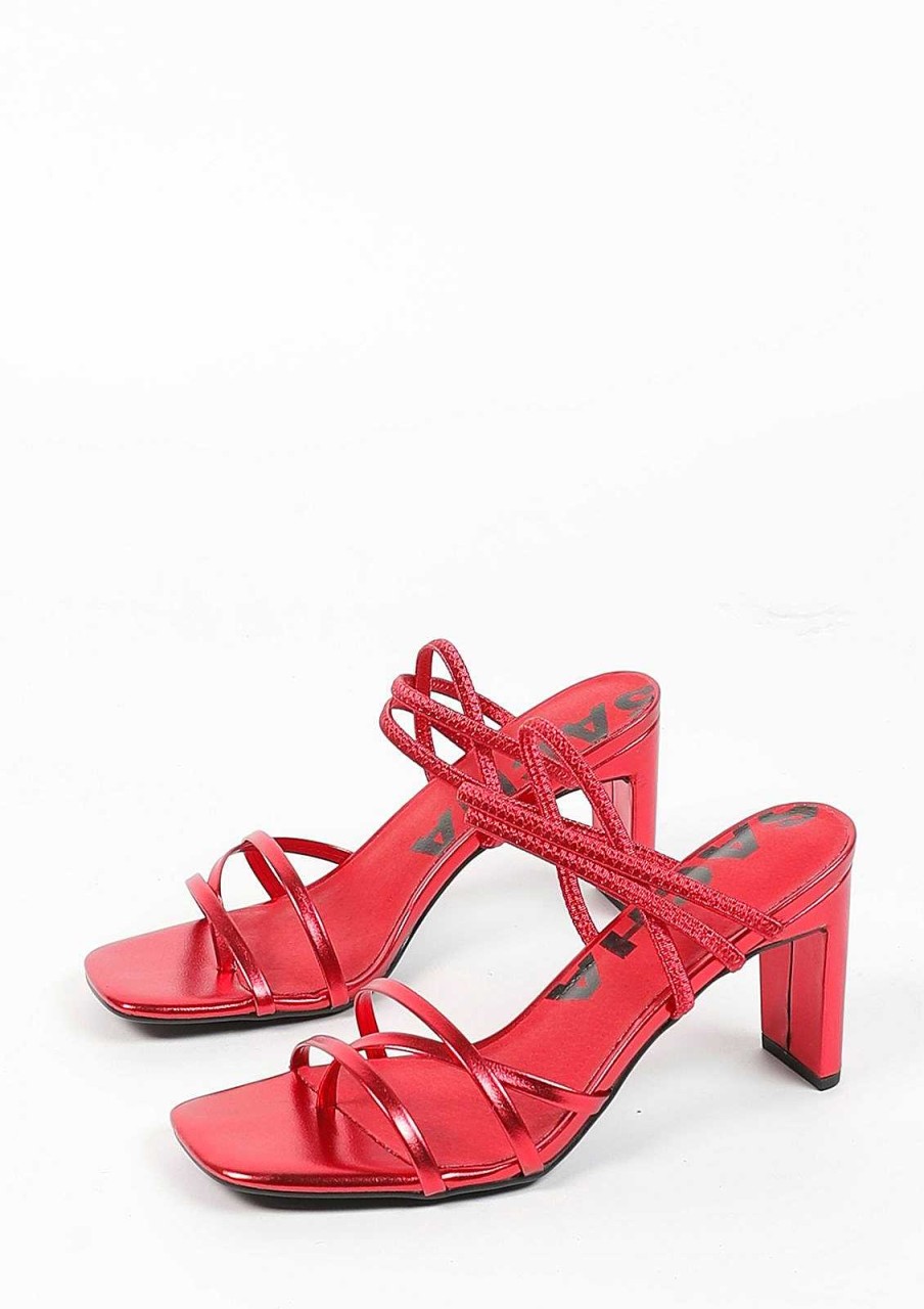 Sacha Metallic Heeled Sandals With Bands - Red