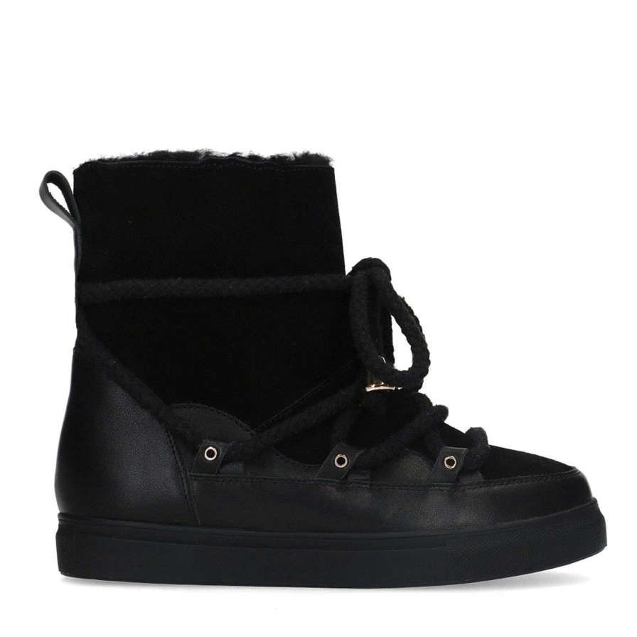 Sacha Suede Lace-Up Ankle Boots With Faux Fur - Black