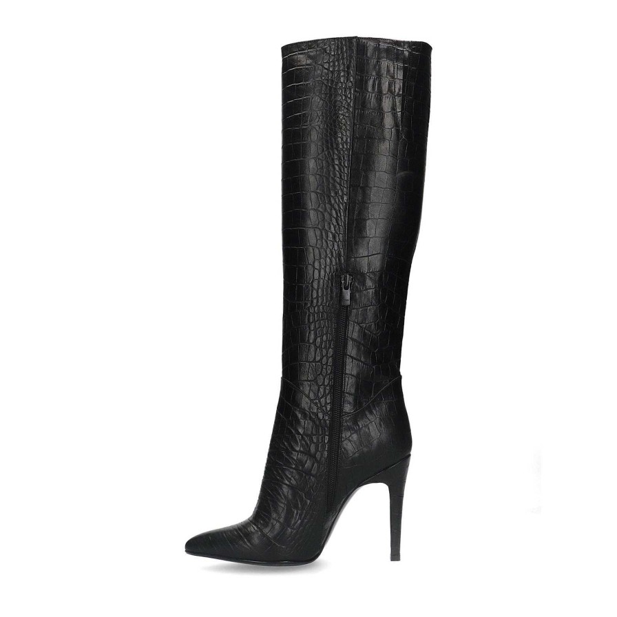 Sacha Knee High Leather Boots With Croc Print - Black