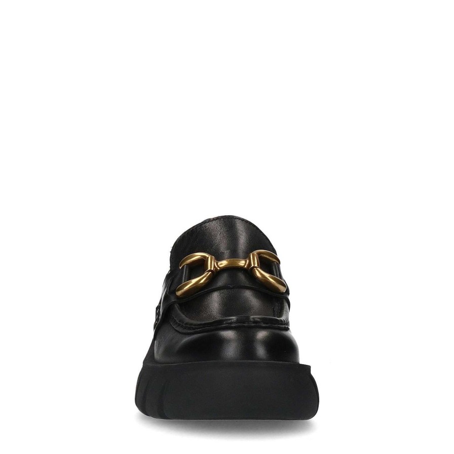 Sacha Chunky Leather Loafers With Chain - Black