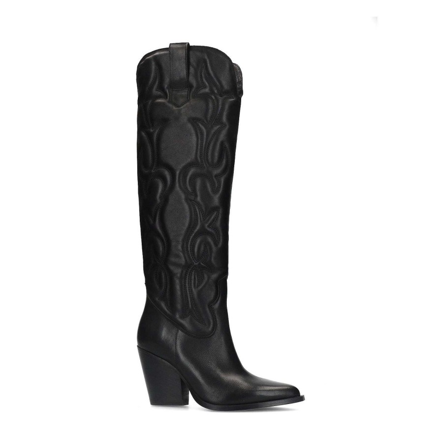 Sacha High Leather Cowboy Boots - Black